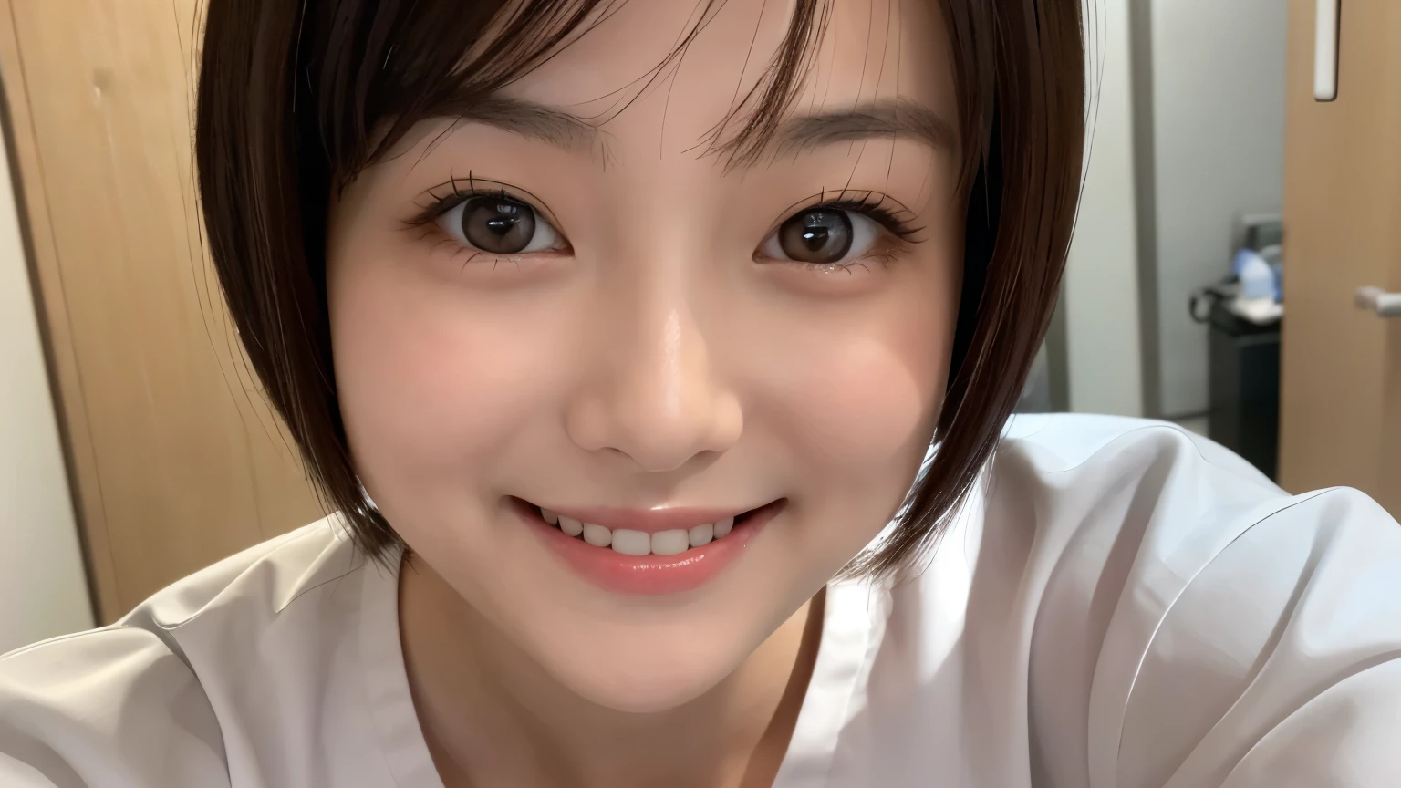 (1 Girl)、(Beautiful Japanese、18years old,round face、Refreshing、clear、seems kind、stylish、Pitiful、cute like an angel、cute、black eyes、,actress,Almond-shaped eyes), Good style , (Beautiful big breasts:1.0),(soft breasts),(very cute),(Black Hair),(short bob hair),(enchanting eyes),(highlight on eyes:1.2)、(8K、Live shooting、highest quality、masterpiece:1.2、optimal lighting)、((masterpiece)),(Photo taken by a professional photographer),(real、photo real:1.4),break,{ (White nurse costume),(((taraditional nurse uniform))),(White nurse mini skirt),(( pantyhose)),(cleavage:0.7)},(Smile),(cheeks are red:1.2), break, break,Hospital,Face shot、Hospital corridor、Happy smile、Face close-up、