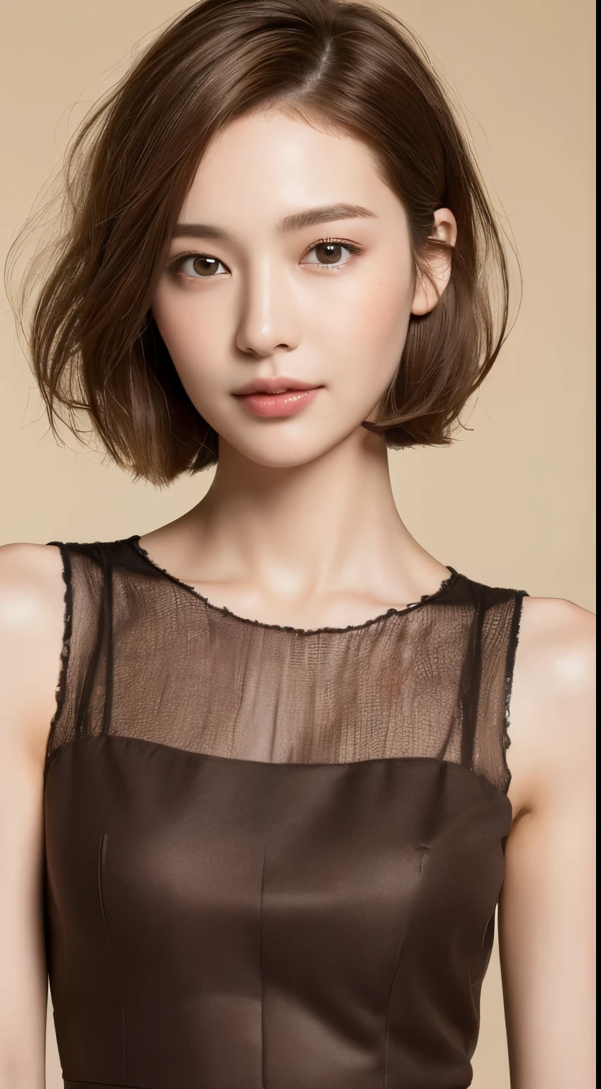 ((highest quality, 8k, masterpiece: 1.3)), 1 girl, The beauty of slim abs: 1.3, (Hairstyle Brown Hair Short Cut, big: 1.2), dress: 1.1, Super slender face, Delicate eyes, double eyelid, smile, Home, RAW Photos