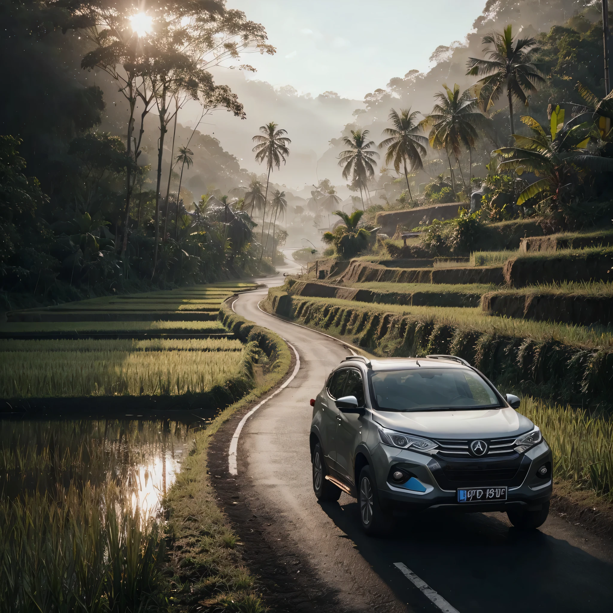 jalan hitam bereklok di samping sawah undak, sebuah kendaraan roda empat "innova reborn"? Langit biru
