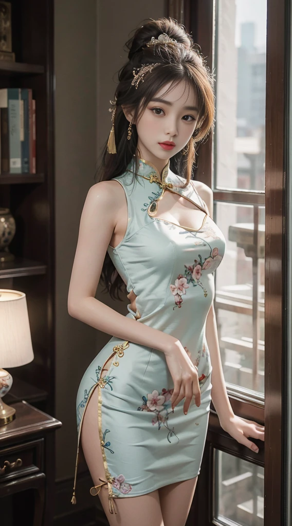 （From the outside） （Glossy skin color，The best quality at its best，masterpiece，Photo - Real，Intricate details，RAW Photos，court，Colorful gorgeous cheongsam，Super long hair，Cropped shoulders，Delicate face，Exposing cleavage，Decorations，Standing by the window，In a Chinese dress，race，Inadequate clothing，Decorations，Exposing your thighs，Close-up from the front，Looking into the camera