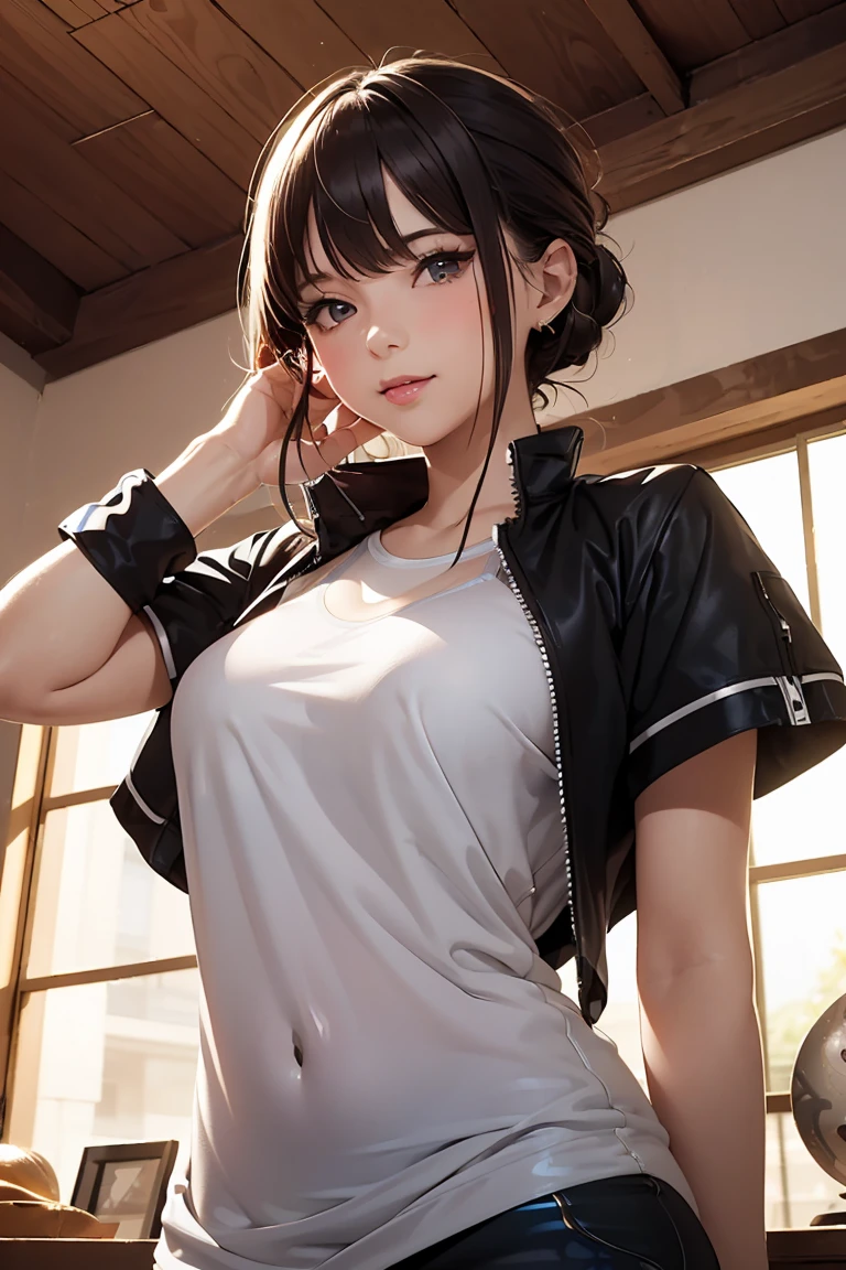 Best Quality, Masterpiece, Ultra-high resolution, (It's photorealistic:1.4), Raw photo, Japanese Girls, (1girl:1.8), (42 years old:1.8), Black Hair, Short Hair, Beautiful Eyes, Symmetrical eyes, A big smile, Laughing with your mouth open , (Huge breasts:1.5), (Curvy:1.4), (latex:1.4), It shows her whole body, standing, (Metallic competition swimwear:1.8)、pool room, (stuck to a wall:1.3),