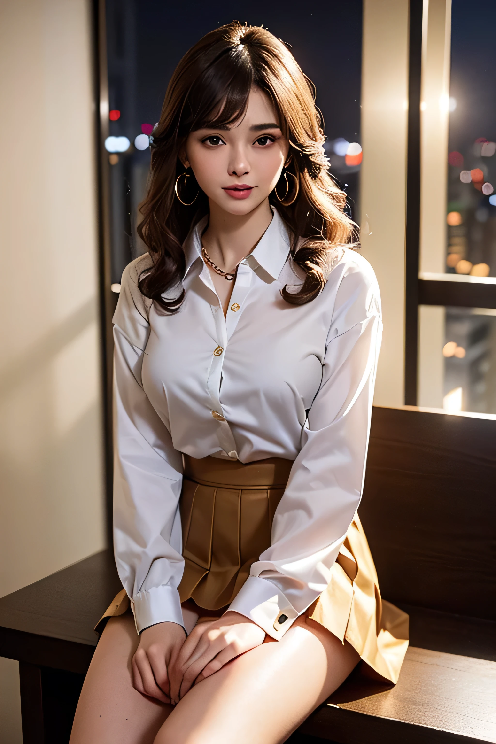 employment, sunlight, Backlight, ((Cinematic Light, Ray Tracing)), (masterpiece),((Very detailed)), (Highly detailed CG illustrations), (highest quality:1.2),(One girl:1.2),High-quality texture, Intricate details, Detailed Texture, High Quality Shadows, Realistic facial expression, Beautiful and delicate face down to the last detail, Beautiful and delicate eyes, Brown pupil, perfectly balanced face, Depth of written boundary, perspective,20th Generation, Glossy Lips, Perfect body, Mid-chest, clear_image, Focus Only, (Brown Hair), (((Perm Straight Hairstyle))), (Beautifully detailed eyes and face), Light source contrast, ((Medium Hair)), 21 years old, Tokyo cityscape background, At night, Idol Style, Cute clothes, Bright colors, playful pattern, Frilled Skirt, Cute Accessories, like々Nice design, Mid-chests, White socks, Are standing,((Loosely inward wavy hair:1.2)),((Gold Necklace_Large earrings:1.2)),((Extra long brown hair:1.2))((White long sleeve button up blouse_With collar_Remove up to the second button_Brown pleated mini skirt:1.3)),((A shy smile:1.3)),((sitting on a chair, night view terrace background:1.3)),