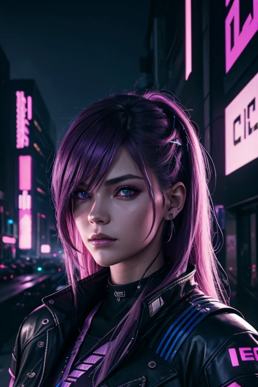 Dark techno, cyberpunk, high detail, high quality, realistic, pink purple and blues,
