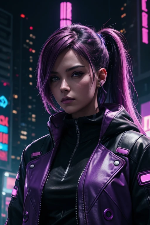 Dark techno, cyberpunk, high detail, high quality, realistic, pink purple and blues,