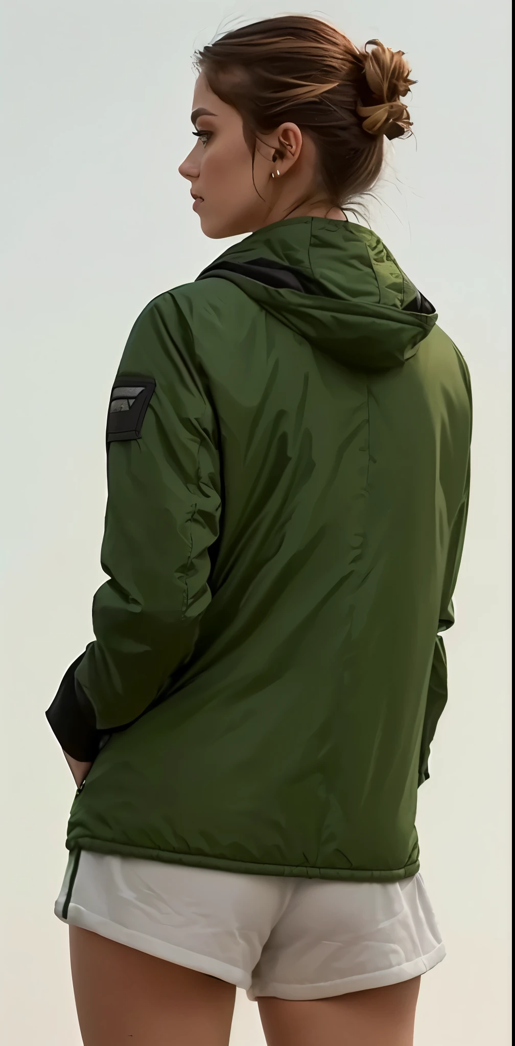 a woman in a green jaqueta and shorts stands facing away from the camera, green colored bomber jaqueta, Verde escuro, Oliva green, ( ( Verde escuro, roupas verdes, jaqueta, Capuz verde, wearing green jaqueta, rear view too, encapuzado, vista traseira, Oliva, close-up from behind, facing backwards, record jaqueta, wearing Verde escuro bomber jaqueta
