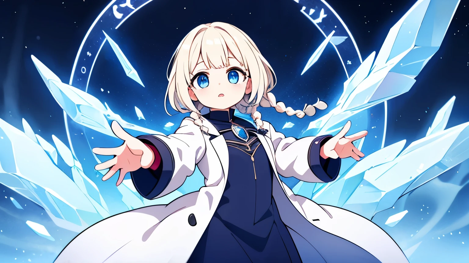 A female alchemist chanting a spell with her hands outstretched,Platinum blonde curly short hair,Partial long hair braids,Ice Blue Eyes,White coat-like jacket,The clothes inside are navy blue,Flying in the sky,Red gemstone shards are floating around her,Final Boss