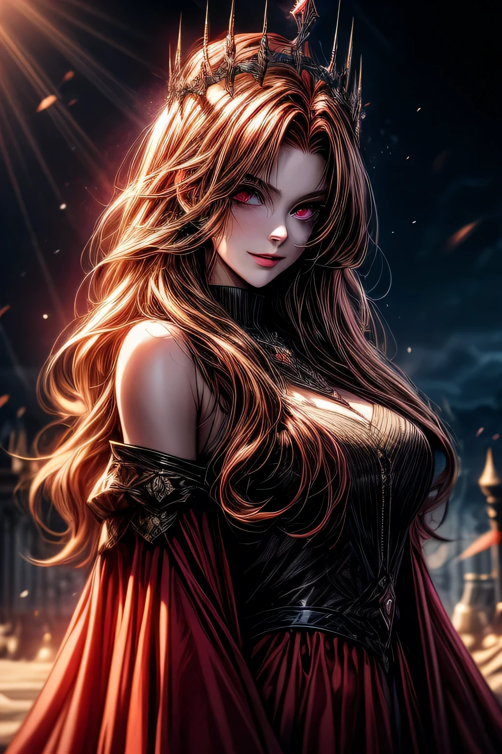 Blood-eyed Princess of Darkness, Redhead, Crown, Wicked Smile, Anime Style, Lens flare, Attention to detail, First Person View, Cinema Lighting, masterpiece, Super Detail, highest quality, 8k, Ultra-high resolution