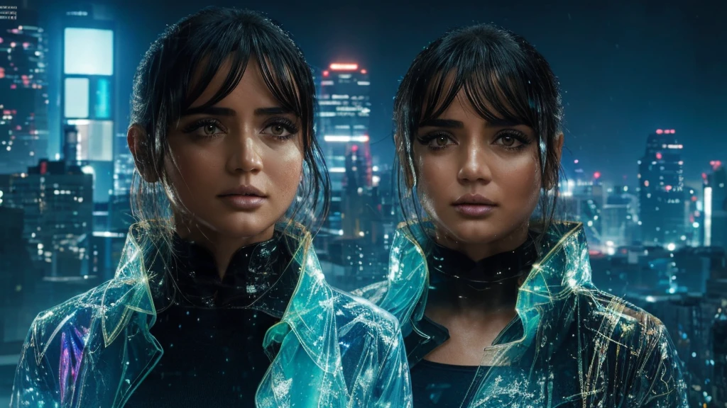 at the top of a skyscraper, a chuva cai incessantemente, creating a glowing veil over the cyberpunk city. The view is dominated by imposing skyscrapers, whose lights sparkle and reflect in the puddles of water. A high resolution JOI super realistic detailed face perfect eyes is standing on the edge of the building, its translucent body seems to merge with the rain that falls around it. She is an ethereal figure, with an aura of mystery and elegance. Seus olhos brilham com uma luz suave, refletindo as cores vibrantes da cidade abaixo.