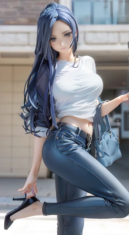 anime girl with long blue hair and a white shirt posing, realistic anime 3 d style, realistic artstyle, realistic anime artstyle, nico robin, urban girl fanart, attractive anime girl, smooth anime cg art, seductive anime girl, beautiful alluring anime woman, digital anime illustration, style anime, realistic anime art style, photorealistic artstyle, detailed digital anime art