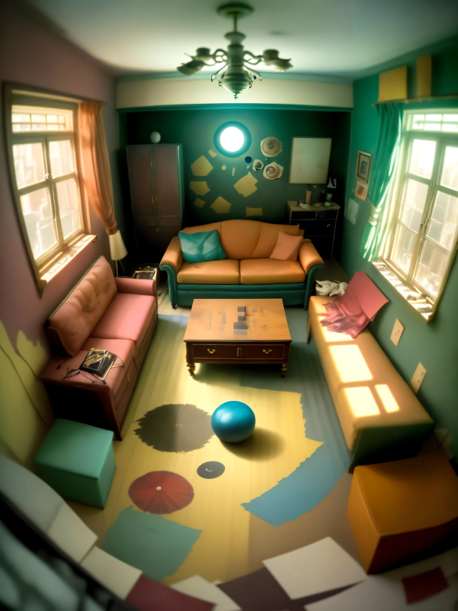 Surrealistic messy room where the enviroment express the emiotiomns of a relationship conflict, people in the room doing household tasks, woman and men in the room, fish eye lens or interesting surreal perspective, furnitures, walls came to life. Unusual objects. Dinamic crazyness, chaos, nonrealistic.