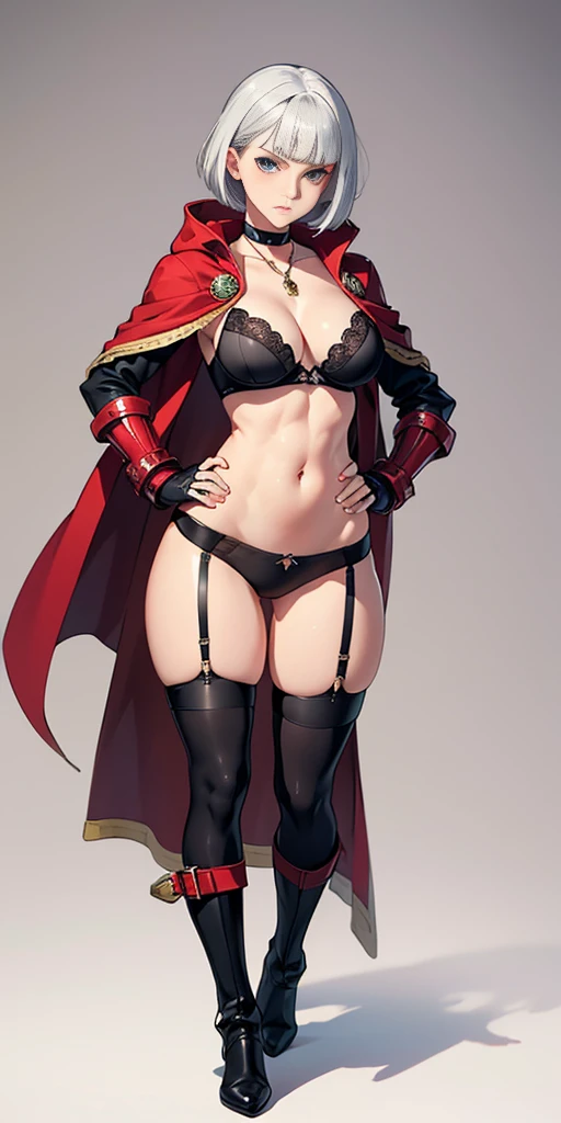 A woman with short bob haircut white silver platinum hair, choppy bangs, arched crescent eyebrows, sharp and determined eyes, a delicate oval face, a serious expression, a fantasy-style dark green military coat, draped with a dark red cloak, leather combat boots, silver greaves leggings, this character embodies a finely crafted fantasy-style female military officer in anime style, exquisite and mature manga art style, pale skin, big breast knockers cleavage, ((Plain background 1:2)) (Cammy White Street Fighter white silver short bob haircut) Female full body standing straight symmetrical looking to the viewer RED full body armored (handcuffs, shackles, rerebrace, faulds, poleyn, gauntlets, leather collar choker, gloves, gauntlets, high boots bootstraps, black stockings) 2 crossing big belt under belly button, navel, abs, garter straps belts attaching bra ((hands on hips)) view from below, wide hips