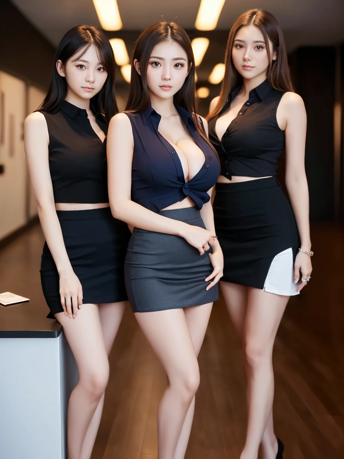 (highest quality:1.5),(8K:1.5),(masterpiece:1.5),(High resolution:1.5),(Three young-looking women),(Tight sleeveless business shirt),(Tight mini skirt),(Huge breasts),Thin and beautiful legs,Narrow waist,A seductive and seductive look,office,Elegant hairstyle,Looking at this,Cute face,Beautiful Skin,Beautiful down to the last detail,Cinema lighting