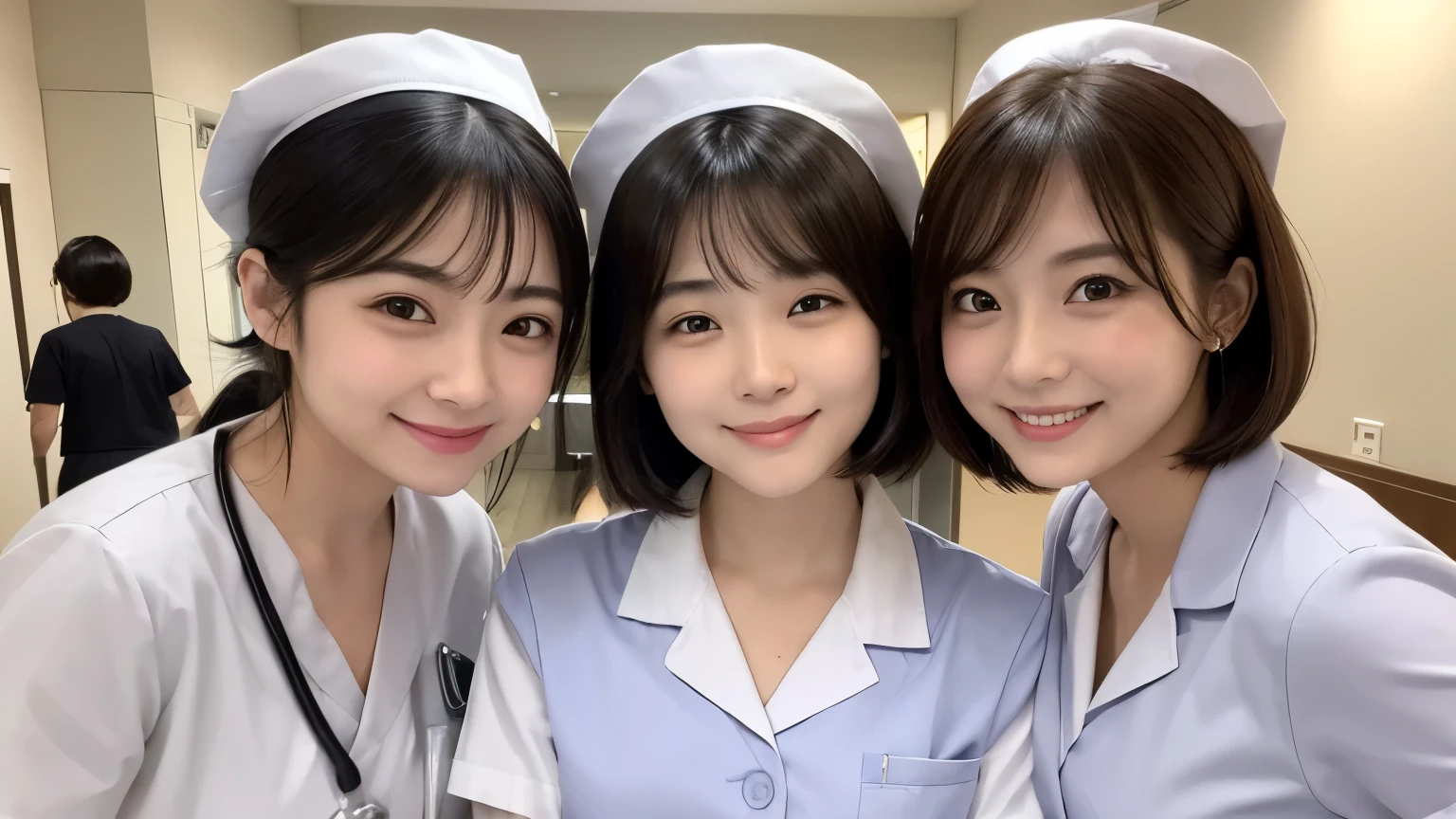 (3 Girls)、(Beautiful Japanese、18years old,round face、Refreshing、clear、seems kind、stylish、Pitiful、cute like an angel、cute、black eyes、,actress,Almond-shaped eyes), Good style , (Beautiful big breasts:1.0),(soft breasts),(very cute),(Black Hair),(short bob hair),(enchanting eyes),(highlight on eyes:1.2)、(8K、Live shooting、highest quality、masterpiece:1.2、optimal lighting)、((masterpiece)),(Photo taken by a professional photographer),(real、photo real:1.4),break,{ (White nurse costume),(((taraditional nurse uniform))),(White nurse mini skirt),(( pantyhose)),(cleavage:0.7)},(Smile),(cheeks are red:1.2), break, break,Hospital,Face shot、Hospital corridor、Happy smile、Face close-up、