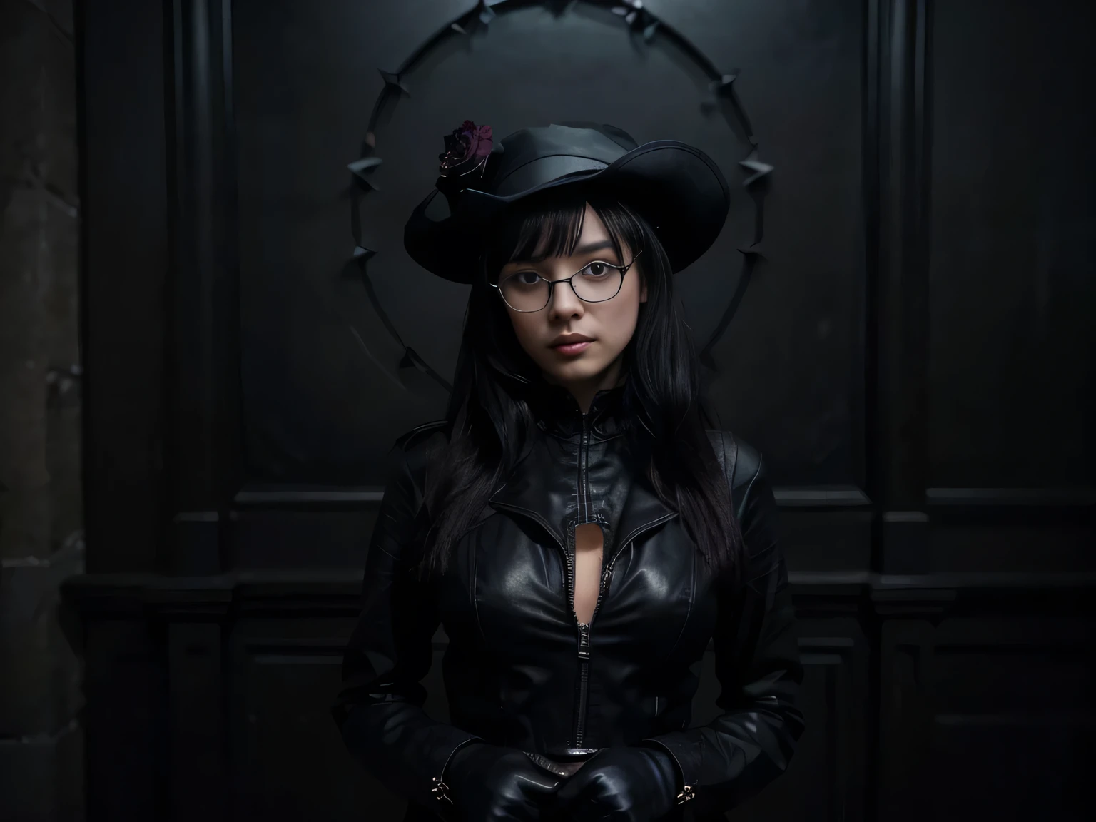 around the darkness,There is Bettie Page standing looking forward towards the viewer,Her entire image is completely black(Girl in the dark、zipper、Pirate ships in the dark and other places, which contain dark elements),She is dressed in a black suit,And with a black hat, black glasses, black boots, black gloves, black leather skirt and black dress。 (complete black outfit from head to toe, bat-shaped hat, leather jacket, combat boots, gloves with spikes)。 Image quality is very high (best quality), 4k, 8K, high resolution, masterpiece: 1.2) , It has fine textures and exceptional clarity , Fine and realistic, like painting (ultra detailed, photorealistic : 1.37) 。The background is gloomy,It accentuates the strong contrast of the girl's long black dress。The lighting effect of the whole picture is Soft、mystical(Soft,A fine and mysterious lighting)。With her dazzling black makeup and meticulous,There are thin and clear eyes(Beautiful eye details),Her lips are also beautiful,She looks particularly attractive (beautiful detailed lips)。Her tall figure and elegant posture make her very confident and independent。Her posture can be an elegant step 、Dancing or standing in the Black Rose Garden。 There is darkness in the stage garden、mystical atmosphere,Black roses(Blooming black roses)Exudes a hypnotic charm。The whole picture emphasizes the black theme,Expresses character with mystery and charm(Girl in a dark and mysterious environment, it's all black) 。The painting combines a dark atmosphere with detailed figures, This creates a unique and fascinating artistic effect.。Art styles can be dark, heavy, gothic romance or detective. The color tone is mainly black, but you can add some dark red、Dark blue and purple shades to match layers。