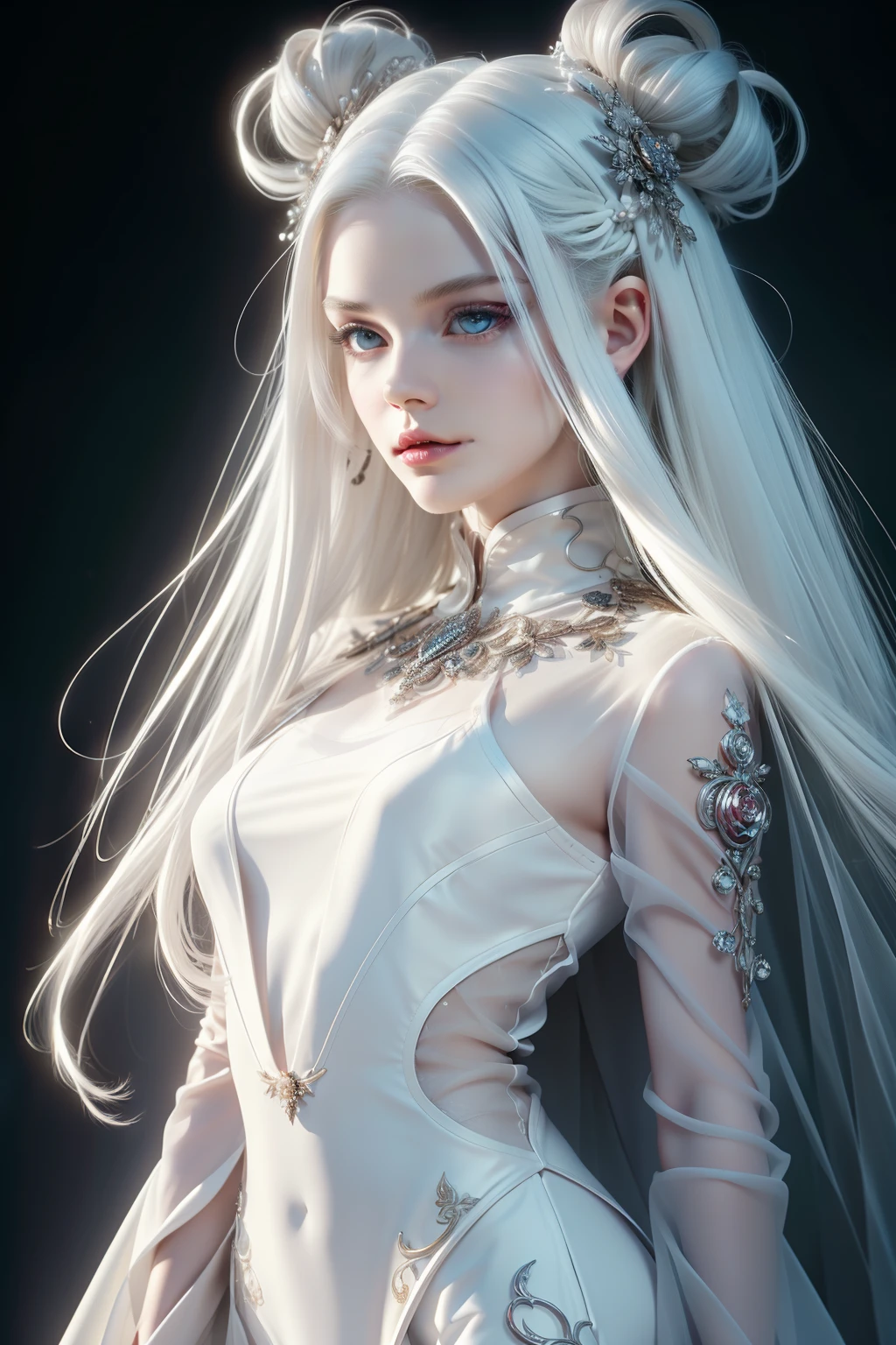 masterpiece, top quality, approaching perfection, (perfect face:1.1), (High detail:1.1), dramatic, (1 guy), pale skin, (long pure white hair:1.4), white eyes, Otto Seppalainen, One, long hair, white luxury suit, covered navel, a snob, albino, Luminous Studio graphics engine, plump lips, Devil Wizard, volumetric lighting, detailed eyes, (8k wallpaper masterpiece), hyper detailed, confusingly detailed, in the vast majority of pixels perfect, roses, fashion, on the side, I look at the viewer, Balenciaga Style,((film grain, hips, light particles ,dust, Extreme camera angle))