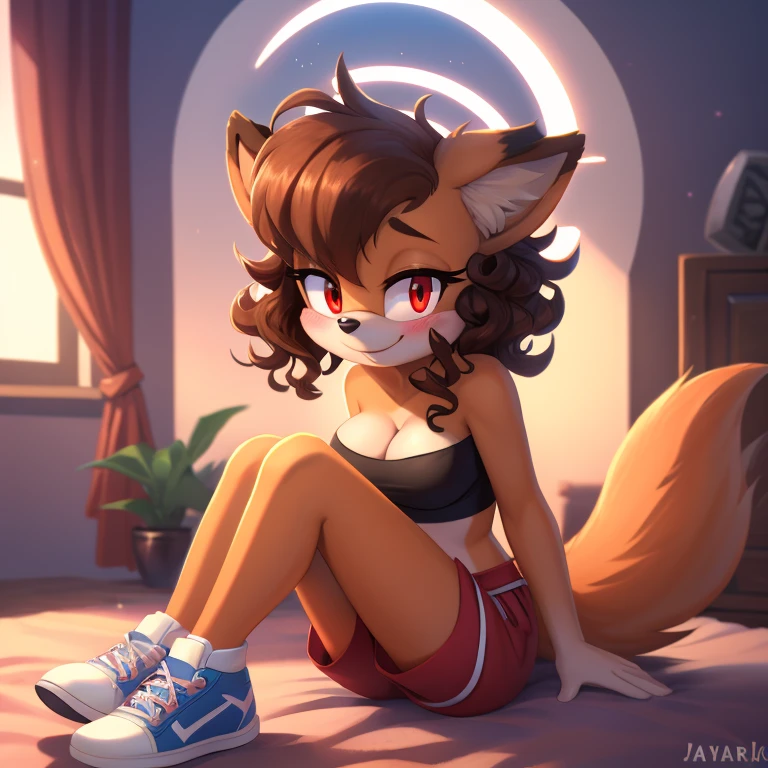 mobian, hedgehog, two-tone fur ((orange fur, brown fur)), pyjama elastic shorts, strapless crop top, cleavage, high-top sneakers, two-tone hair (brown hair, black tip)), curly hair, halo, sunglasses, jewelry, red eyes, longeyelashes, red eyes, smile, shy, blush, high detail, masterpiece, UHD, anatomically correct, super detail, highres, 4K