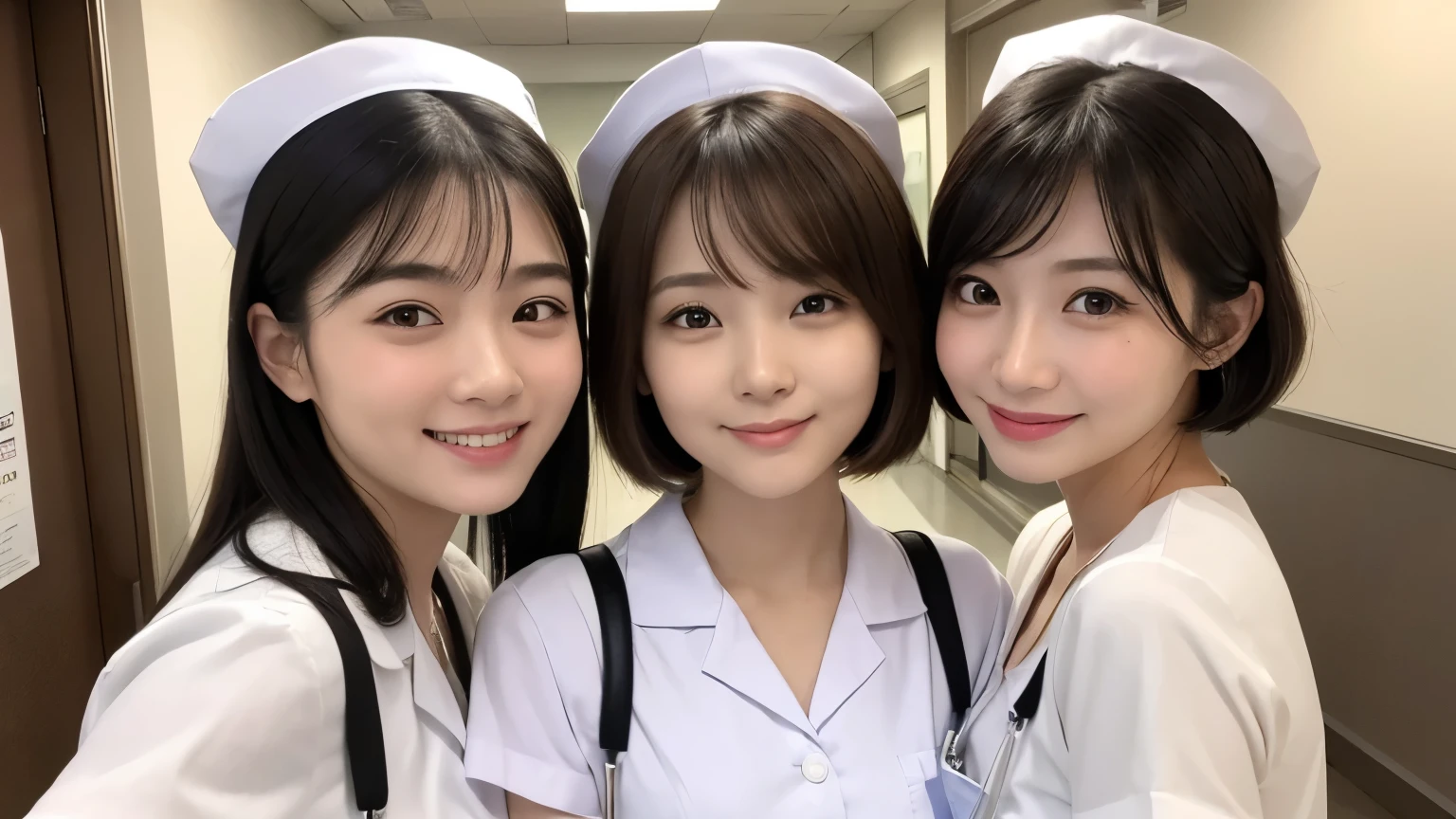 (3 Girls)、(Beautiful Japanese、18years old,round face、Refreshing、clear、seems kind、stylish、Pitiful、cute like an angel、cute、black eyes、,actress,Almond-shaped eyes), Good style , (Beautiful big breasts:1.0),(soft breasts),(very cute),(Black Hair),(short bob hair),(enchanting eyes),(highlight on eyes:1.2)、(8K、Live shooting、highest quality、masterpiece:1.2、optimal lighting)、((masterpiece)),(Photo taken by a professional photographer),(real、photo real:1.4),break,{ (White nurse costume),(((taraditional nurse uniform))),(White nurse mini skirt),(( pantyhose)),(cleavage:0.7)},(Smile),(cheeks are red:1.2), break, break,Hospital,Face shot、Hospital corridor、Happy smile、Face close-up、Looking back