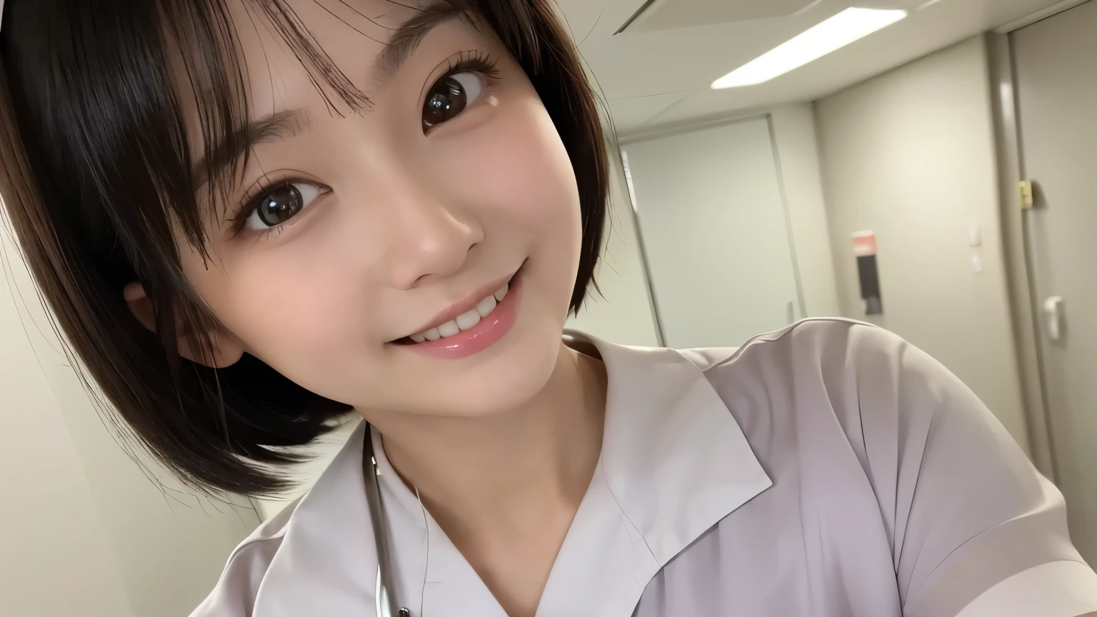 (1 Girl)、(Beautiful Japanese、18years old,round face、Refreshing、clear、seems kind、stylish、Pitiful、cute like an angel、cute、black eyes、,actress,Almond-shaped eyes), Good style , (Beautiful big breasts:1.0),(soft breasts),(very cute),(Black Hair),(short bob hair),(enchanting eyes),(highlight on eyes:1.2)、(8K、Live shooting、highest quality、masterpiece:1.2、optimal lighting)、((masterpiece)),(Photo taken by a professional photographer),(real、photo real:1.4),break,{ (White nurse costume),(((taraditional nurse uniform))),(White nurse mini skirt),(( pantyhose)),(cleavage:0.7)},(Smile),(cheeks are red:1.2), break, break,Hospital,Face shot、Hospital corridor、Happy smile、Face close-up、squattinng