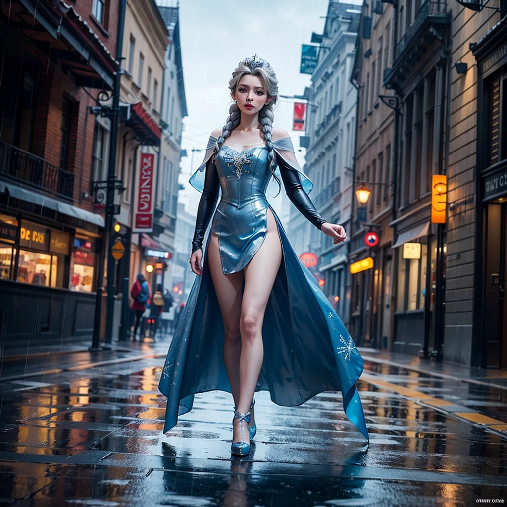 Imagine, Queen Elsa, ultra-detailed, fullbody, in the town, 4k, rain in the city