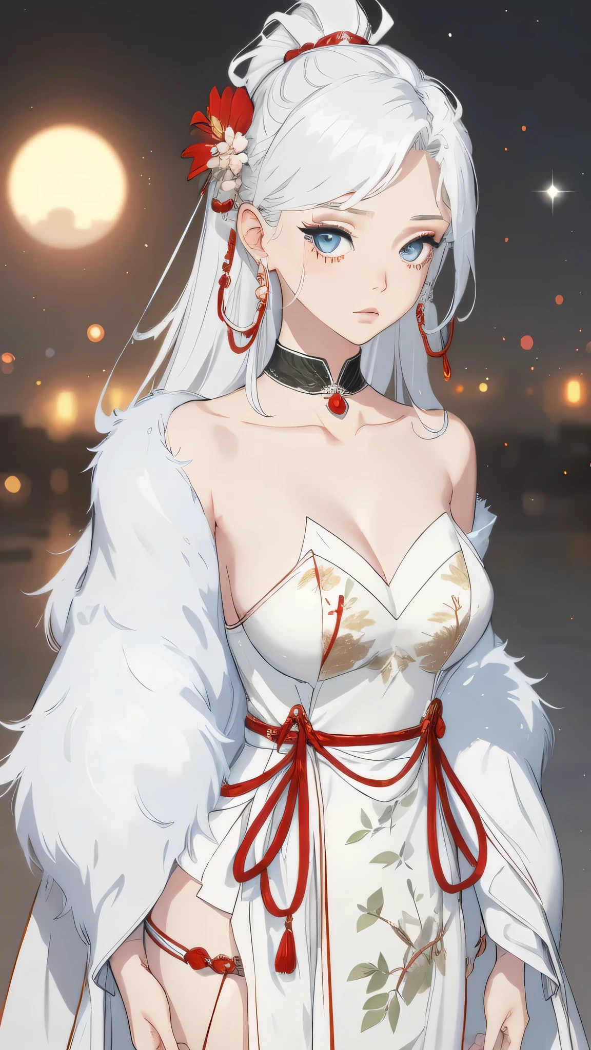 ultra detailed, masterpiece, girl, white hair, , wolf skin clothes, casual style, tribal warrior,  medium  breasts  , native, angry. Standing front. Homr . Bestial . Collar pet .