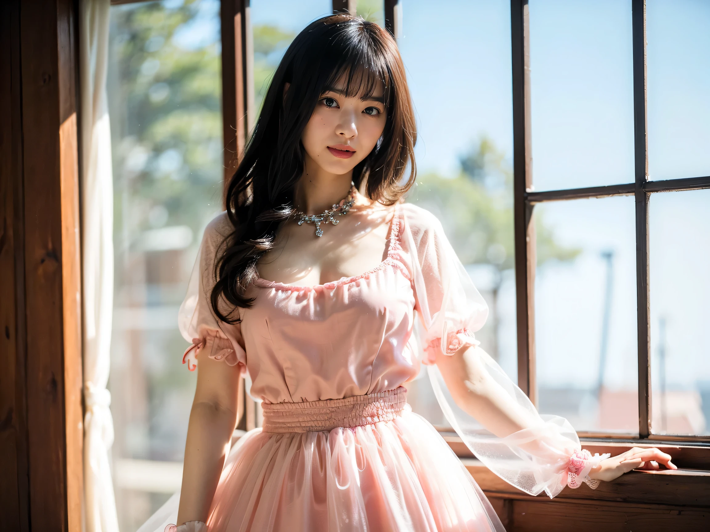 (8k、RAW Photos、highest quality、masterpiece:1.2)、(Realistic、Realistic)、1 girl、((Pink Dress、Upper body close-up、Cute Costumes、See-through、boots、Large Breasts、View from the front、Are standing))、Lots of eyelashes、Glowing eyelids、skeletally correct
