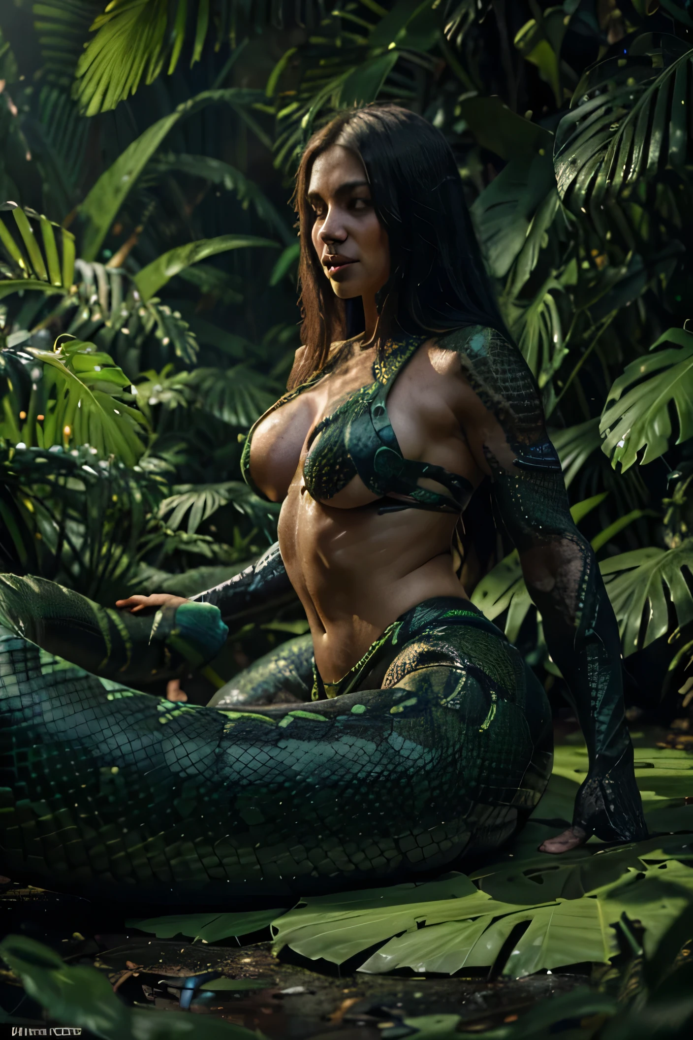 A deadly giant anaconda slithers through a lush jungle, its venomous fangs glistening in the sunlight. The anaconda's predatory eyes lock onto its prey, ready to strike with lightning speed. The intricate scales on its long, muscular body shimmer with a hint of menace. As the venomancer from Dota 2, the anaconda possesses an otherworldly aura, emanating from its serpentine form. The vibrant colors of the venomancer's abilities illuminate the dense foliage, casting an eerie glow across the scene. The lighting, a combination of dappled sunlight and ethereal bioluminescence, creates a captivating atmosphere. The venomous trails left behind by the anaconda's venomous attacks weave through the air, leaving an ominous impression. This masterpiece of a painting perfectly captures the intense and menacing presence of the anaconda and the venomancer, with ultra-detailed scales and mesmerizing lighting effects. The realistic rendering of both the jungle environment and the venomancer's abilities add to the immersive nature of the artwork. It is a high-res, breathtaking piece that showcases the terrifying beauty of the anaconda and the venomancer.
