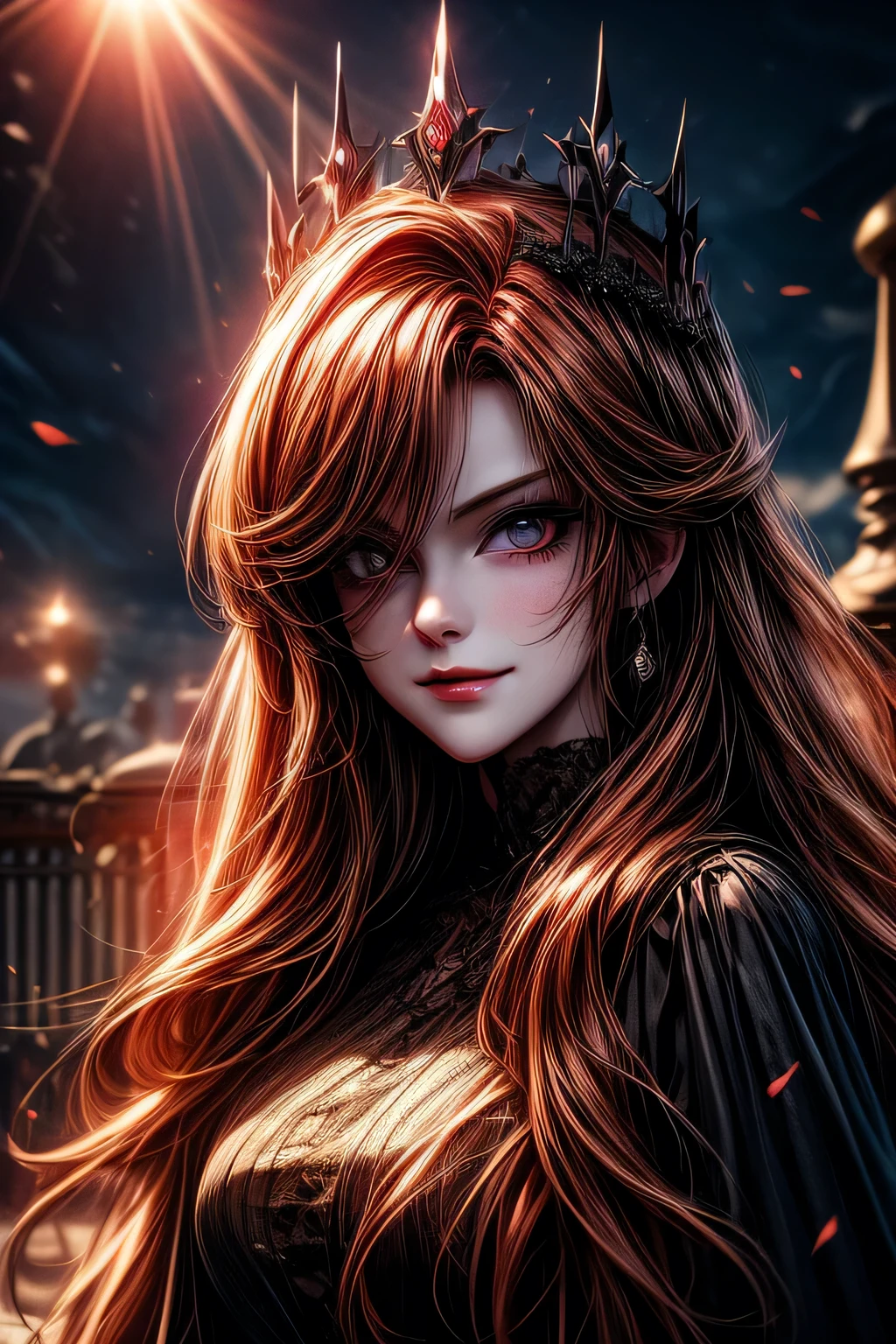 Blood-eyed Princess of Darkness, Redhead, Crown, Wicked Smile, Anime Style, Lens flare, Attention to detail, First Person View, Cinema Lighting, masterpiece, Super Detail, highest quality, 8k, Ultra-high resolution