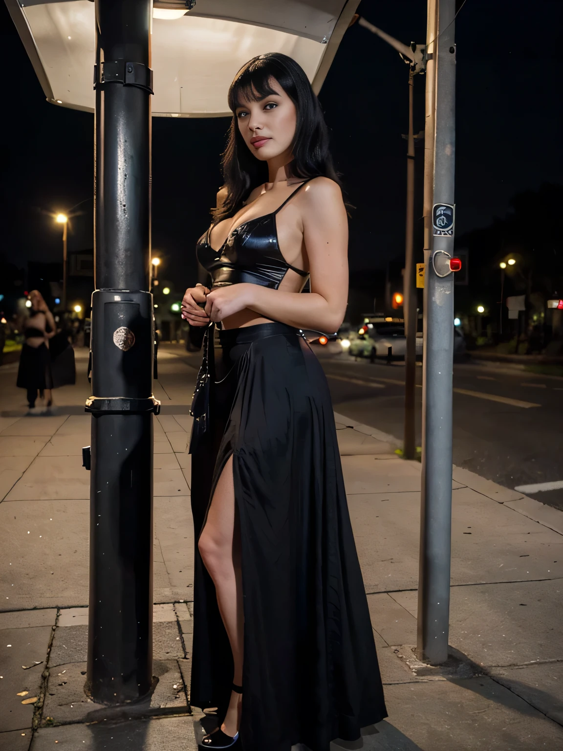 halloween costume , black long maxi-skirt(black long maxi-skirt:1.2), bus stop , evening 1girl, solo, Bettie Page, masterpiece, best quality, detailed face,