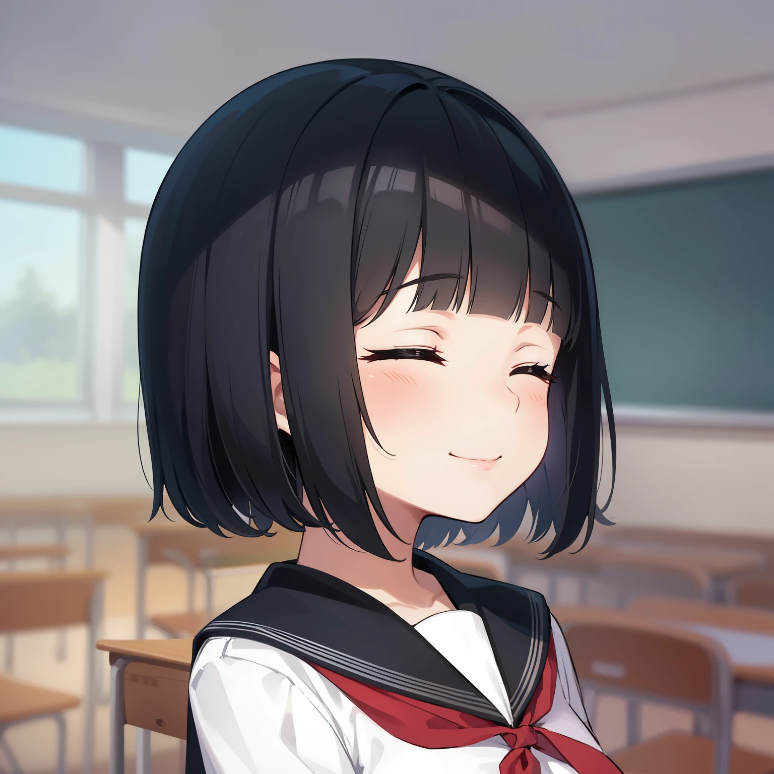 high quality, masterpiece. closed eyes. smile. short dark hair. . against the backdrop of a school classroom. Desks. green board. window.