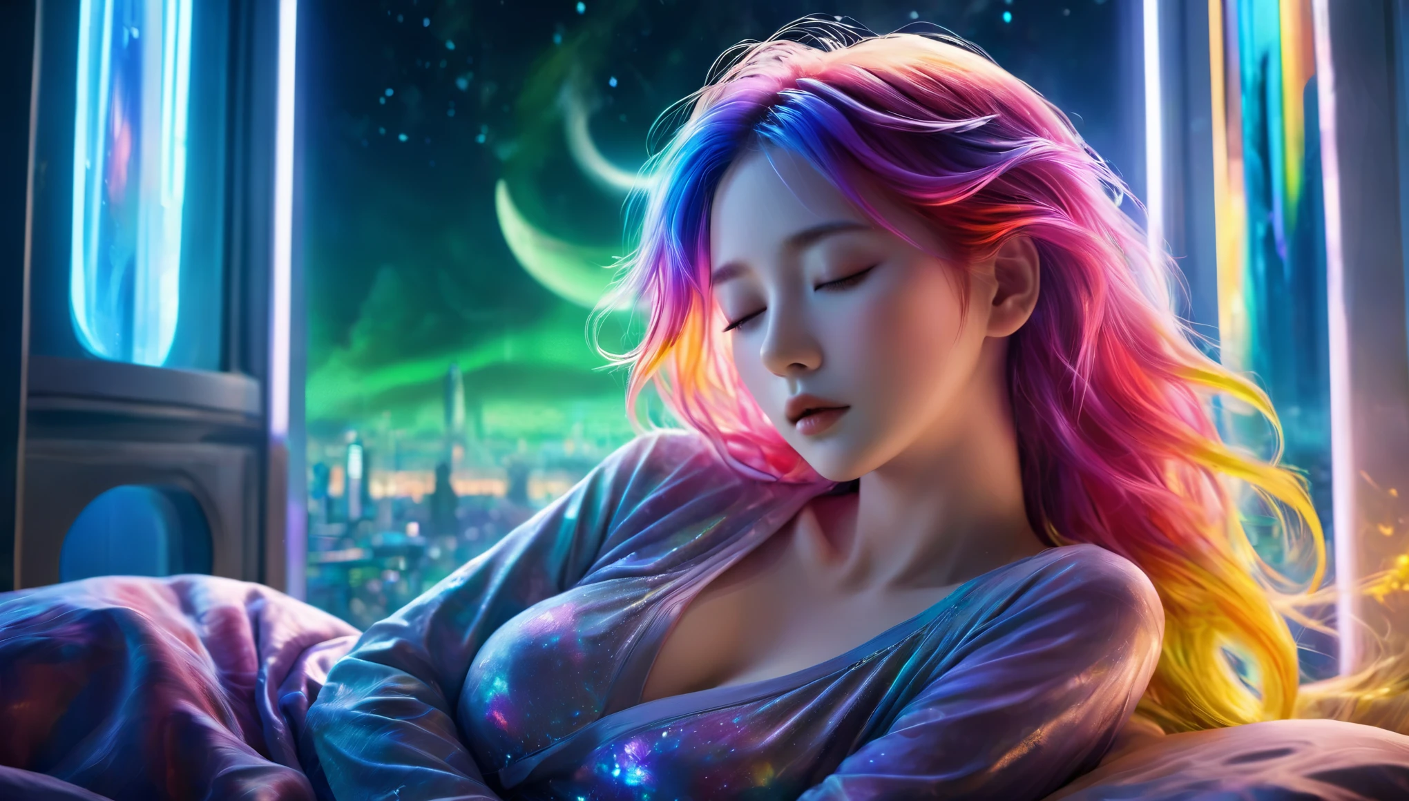 {{masterpiece}}, best quality, Extremely detailed CG unified 8k wallpaper, Movie Lighting,Futurism， A woman sleeping in bed，Sleep with eyes closed，Huge window behind， A quiet night. , Multi-colored hair, (Colorful hair:1.5),