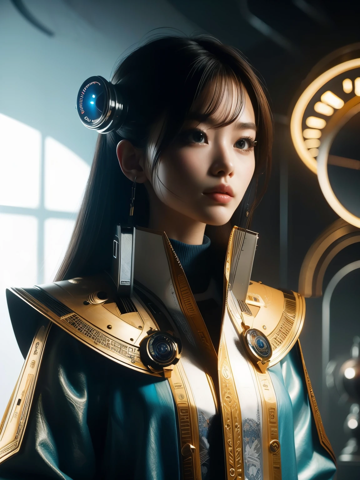 (high quality), (masterpiece), (detailed), 8K, Hyper-realistic portrayal of a futuristic (1girl1.2), Japanese character. Meticulous details bring the character to life in this visually stunning composition, showcasing the seamless blend of tradition and innovation. Trending on Artstation.