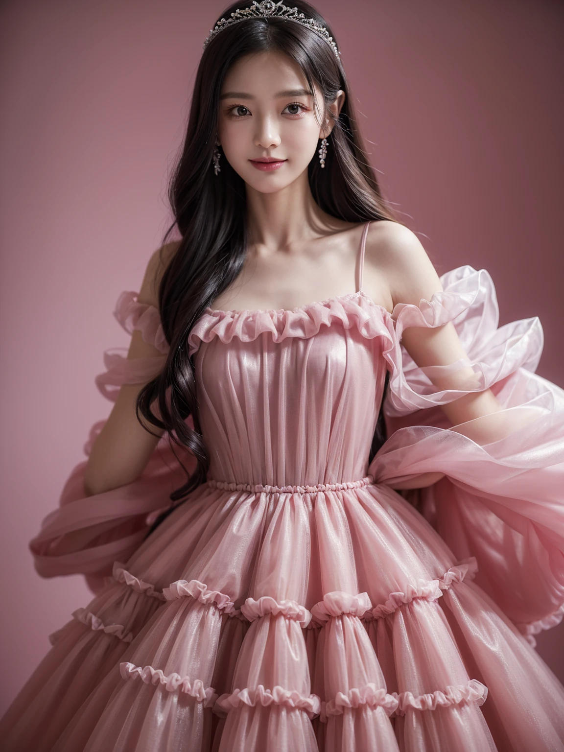 dark pink  옷을 입은 여성이 손에 꽃을 들고 있습니다.., dark pink 옷을 입고, Wearing organza gowns and dark red ballroom gowns.,dark red clothes, dark pink 양복을 입고, Stylish Editorial Photography, official valentino editorial, translucent dress, Subtle and dreamy, Highly saturated dark pink, celestial fairy tale, very subtle, dreamy and heavenly, dark pink  , Lots of merlot, official dior editorial, enlargement, smile at me, small tiara, Bardot dress, princess gown, smile.Tiered dress, ruffle dress, smile