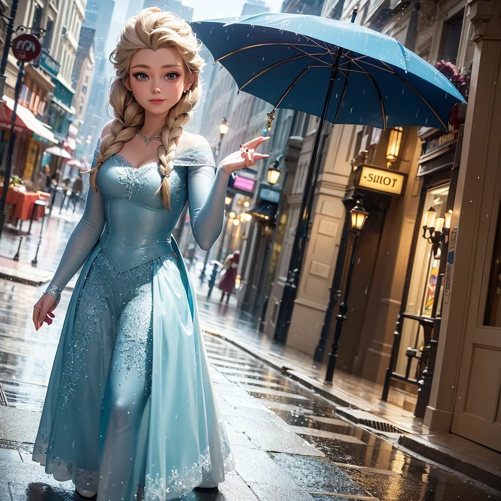 Imagine, Queen Elsa, ultra-detailed, fullbody, in the town, 4k, rain in the city