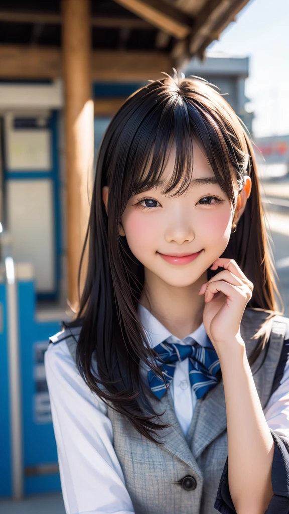 smile, (At the station ticket gate:1.2), ((school uniform:1.2)), girl,RAW Photos, (photoRealistic:1.37, Realistic), Highly detailed CG integrated 8K wallpaper, View your viewers, (((Straight from the front))), (high qualityスキン:1.8, Shiny skin), 8K Ultra HD, Digital SLR, Soft lighting, high quality, (Professional Lighting:1.6),Bust 200,Close your eyes and open your mouth to smile