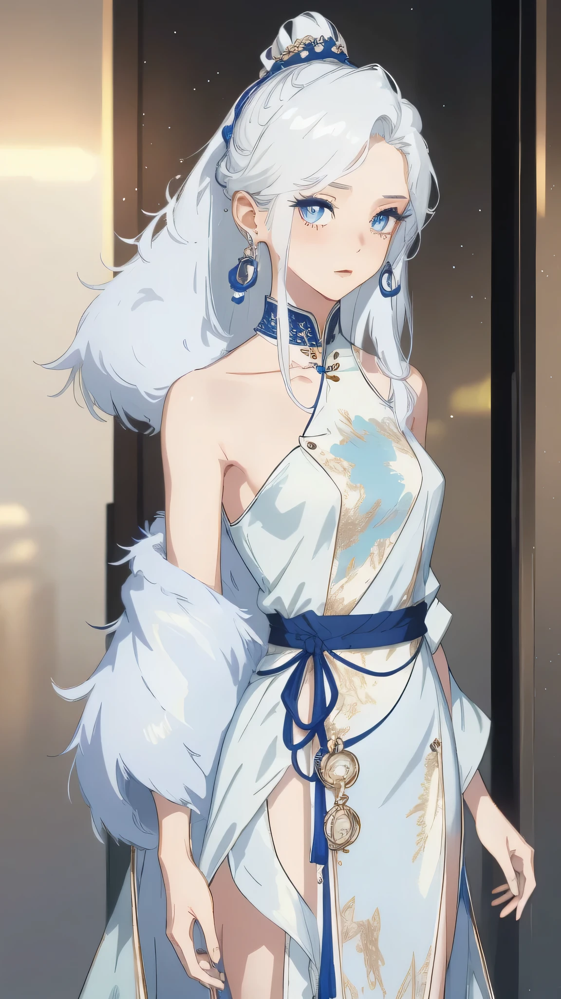 (Best quality,masterpiece:1.2),Ultra-high resolution,Realistically,forward lighting,Intricate details,Exquisite details and textures,(1 girl),solo,Upper part of the body,Red Hanfu,Petal pattern,Such beautiful big eyes,Red Dress,Beautiful face,For the audience,ribbon,gossamer,(young),Facial highlights,Detail production,Tear mole,White skin,Silver hair,High Ponytail,Looking at the audience,big eyes,(hollow pattern),Earrings and Nipple Rings,Slim figure,White background,The right hand,Professional lighting,Photon Mapping,Wireless City,Physically Based Rendering