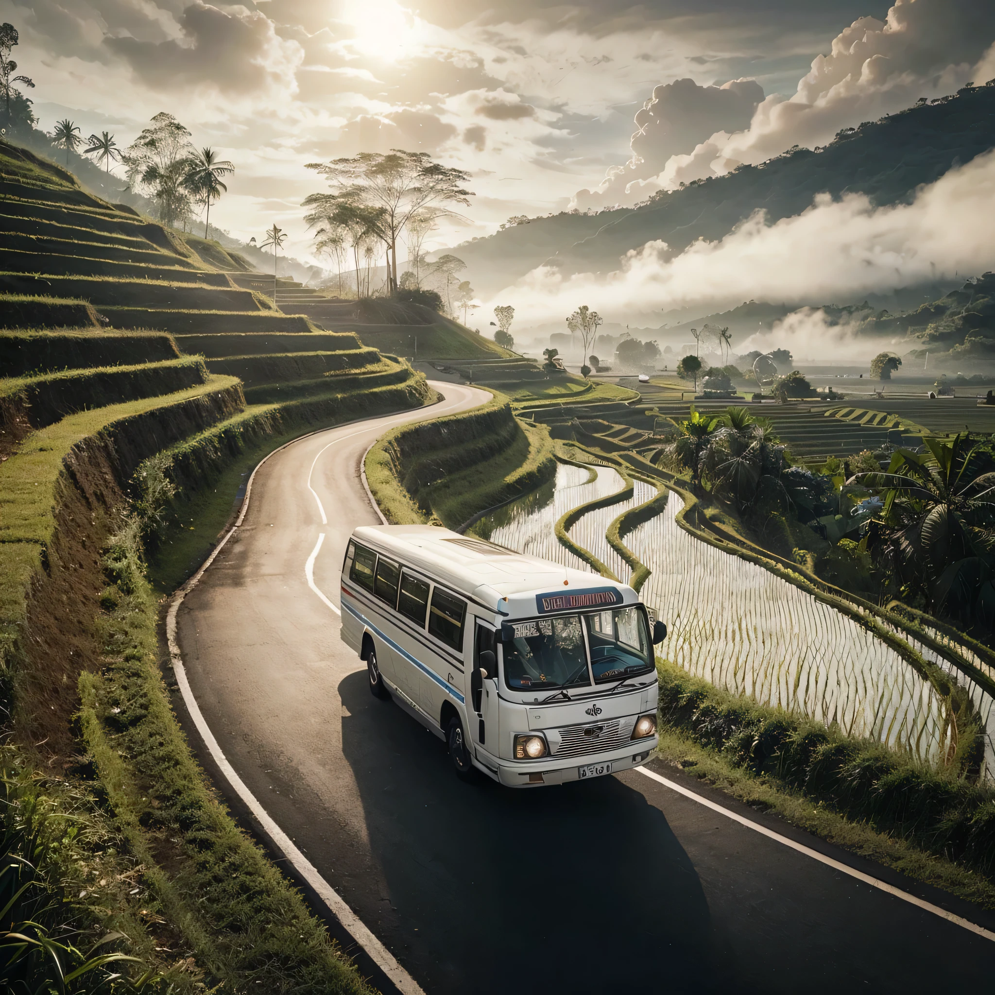 jalan hitam bereklok di samping sawah undak, sebuah kendaraan roda empat "innova reborn"? Langit biru