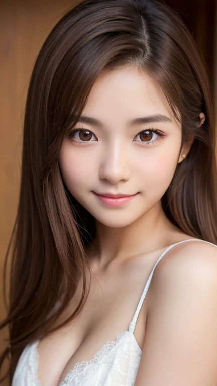 Brown Hair,Medium Hair,18-year-old female, Small nose, With the correct face, Cute natural smile, Japanese facial features, A clean and cute face, Cute realistic portrait, Asian Face, 8K Photo, Soft Makeup,Natural skin texture,Raw photo,highest quality,Full Body Shot,Showcasing cleavage,Seductive pose
