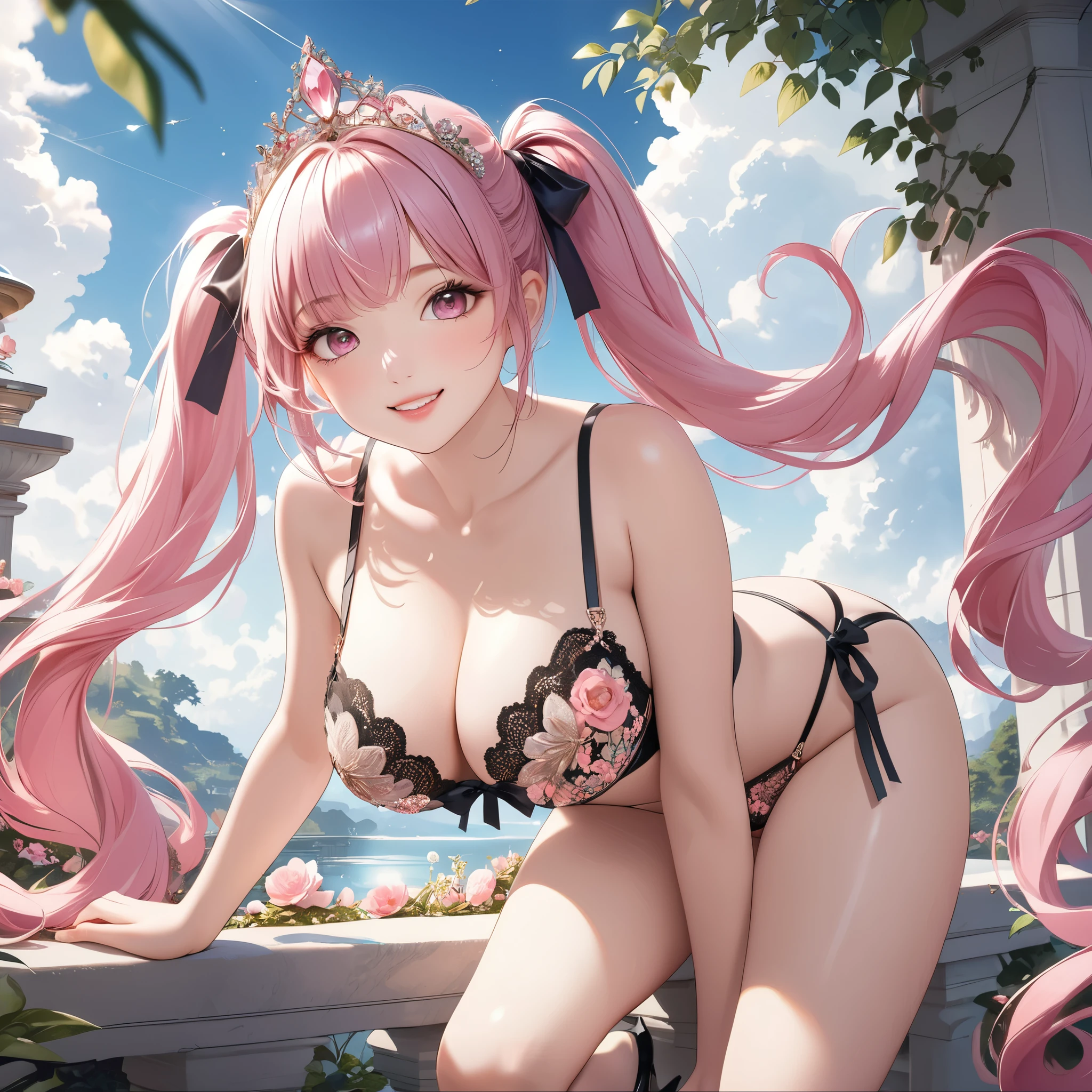 (8K, masutepiece, Highest Quality, Best Quality, Official art, Breathtaking beauty and aesthetics, highly detailed, best masterpiece in history that exceeds limits, Breathtaking and beautiful lighting:1.2), (1 Girl, Solo), (), (Beautiful detailed face), (shiny white skin), (Beautiful detailed pink twin tails hair, Bangs:1.3), (beautiful detailed drooping pink eyes:1.5), break, (Beautiful detailed cute black See-through intricate lace bra and side tie panties, bow ribbon), break, (tights, high_gap, Beautiful detailed black garter stockings), (Beautiful Luxurious Diamonds Tiara), (Beautiful big bust:1.5), (thighs), (happy Beautiful Gentle cute innocent smile:1.2), (Attractive, amazing, Beautiful, Elegant, Luxurious, magnifica, Eye-catching, Graceful, Everyone loves it, Healed, cute like an idol, Stylish like a fashion model, Goddess-like grace, Look at the camera, cute pose, Happy), breathtaking scenery, (ultra detailed realistic Breathtakingly beautiful Luxurious garden, blue sky:1.2),