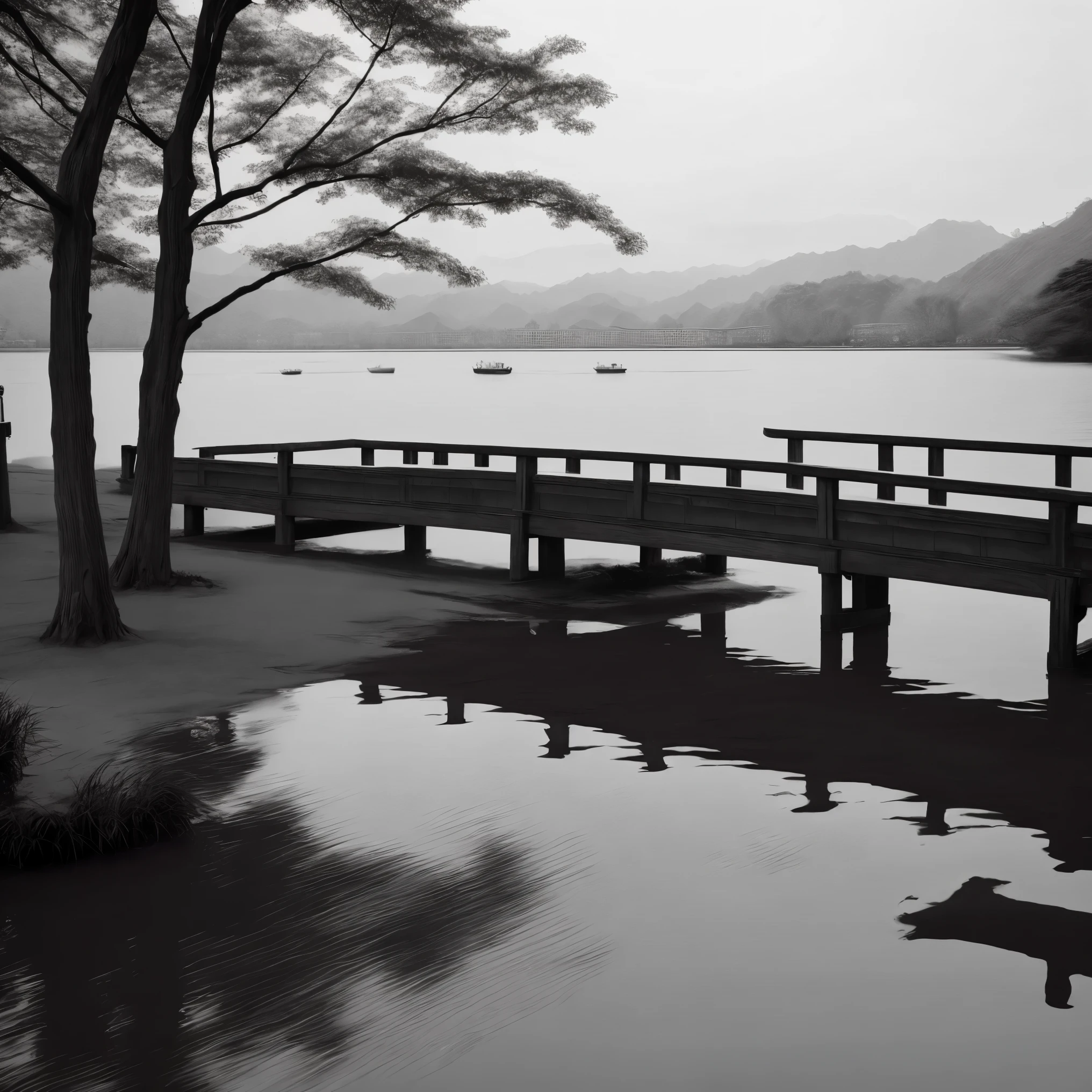 A Kind of pictorial zen style,Ink painting,Great view of West
Lake,Small bridge and flowing water。8K，Black and White，Leica camera