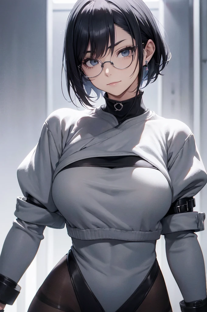 solo, masterpiece, best quality, agrias, grey sweater, black leotard, standing, looking at viewer, short hair,oculos,evil smile, evil look, juri han,luvas preta,roupa azul,yandere rosto,low lighting,coxa sarada copo detalhado,olhando para frente