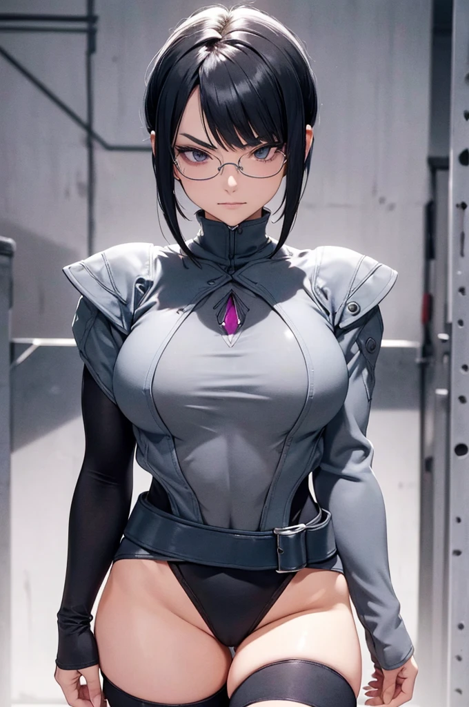 solo, masterpiece, best quality, agrias, grey sweater, black leotard, standing, looking at viewer, short hair,oculos,evil smile, evil look, juri han,luvas preta,roupa azul,yandere rosto,low lighting,coxa sarada copo detalhado,olhando para frente
