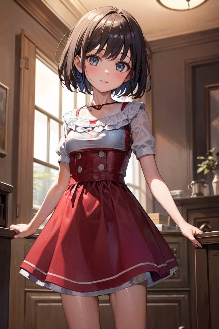 Best Quality, Masterpiece, Ultra-high resolution, (It&#39;s photorealistic:1.4), Raw photo, Japanese women,Mature Woman, (1girl:1.8), (42 years old:2), Black Hair, Short Hair, Beautiful Eyes, Symmetrical eyes, Shy laugh,  (Huge breasts:1.3), (Curvy:1.4), (latex:1.4), It shows her whole body, standing, (Shiny metallic swimsuit in random colors, Competition Swimwear:1.8)、Arms behind back、cityscape、