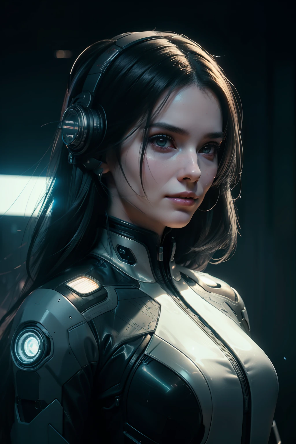 Detailed portrait of a cyberpunk (SKS woman) (40 year old SKS woman), futuristic neon reflective clothing, Science fiction, Robot Parts, Ismail Inceoglu Dragon Bibin Hans Thomas Greg Rutkowski Alexander Piromalis Necro Rene Margitte Illustrated, perfect face, ((Tatu)), (long hair),, matte leather, pores, wrinkles, hyper-detailed, hyperrealistic,, moody lighting, Hasselblad Award Winner, Soft diffused lighting, grin,, Machine face, small parts, realistic shaded, difficult, elegant,((film grain, hips, light particles ,dust, Extreme camera angle))