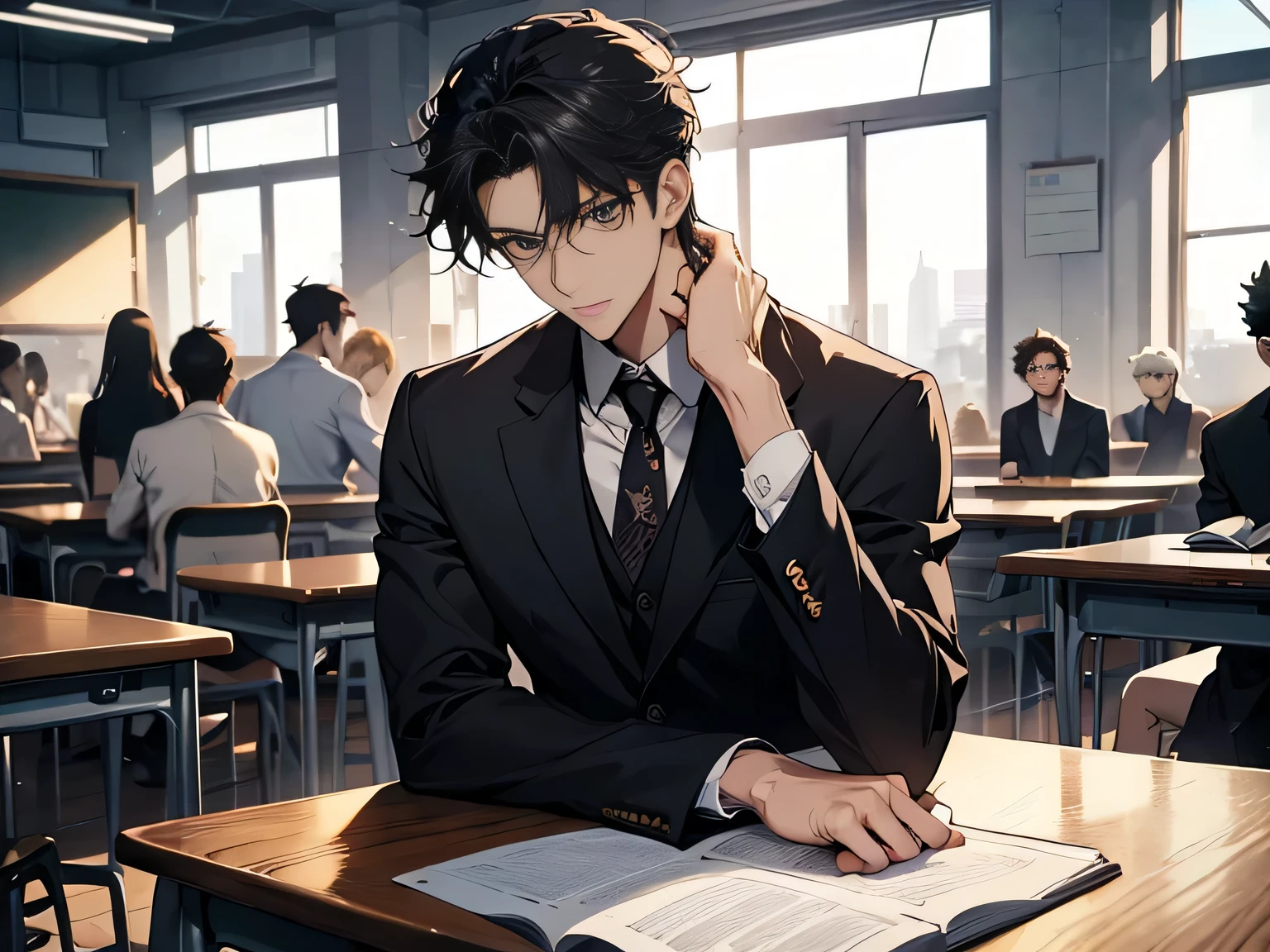 A group of students sitting and studying in the classroom，Group of 2，（Huge crowds of people:1.5），（male，Thinking about something or looking blank:1.5），Anime style4 K，animation rendering，Anime style。8k，Handsome anime side face，（Upper body display:1.8），（Movie Lighting:1.5），（Masterpiece：1.4），（Ultra-high detail:1.5），（Best quality:1.5), There are students of different grades present, But there are exceptions，(male:1.5)