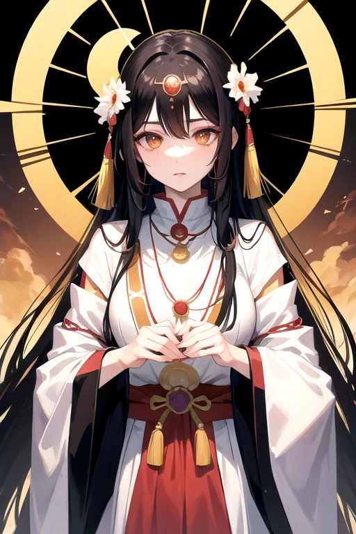Amaterasu Omikami,Dress like a priestess,Magatama Necklace,Long Hair,Black Hair,Crisp eyebrows,Beautiful face,older sister,Sun-shaped crown,Holding the Yata mirror