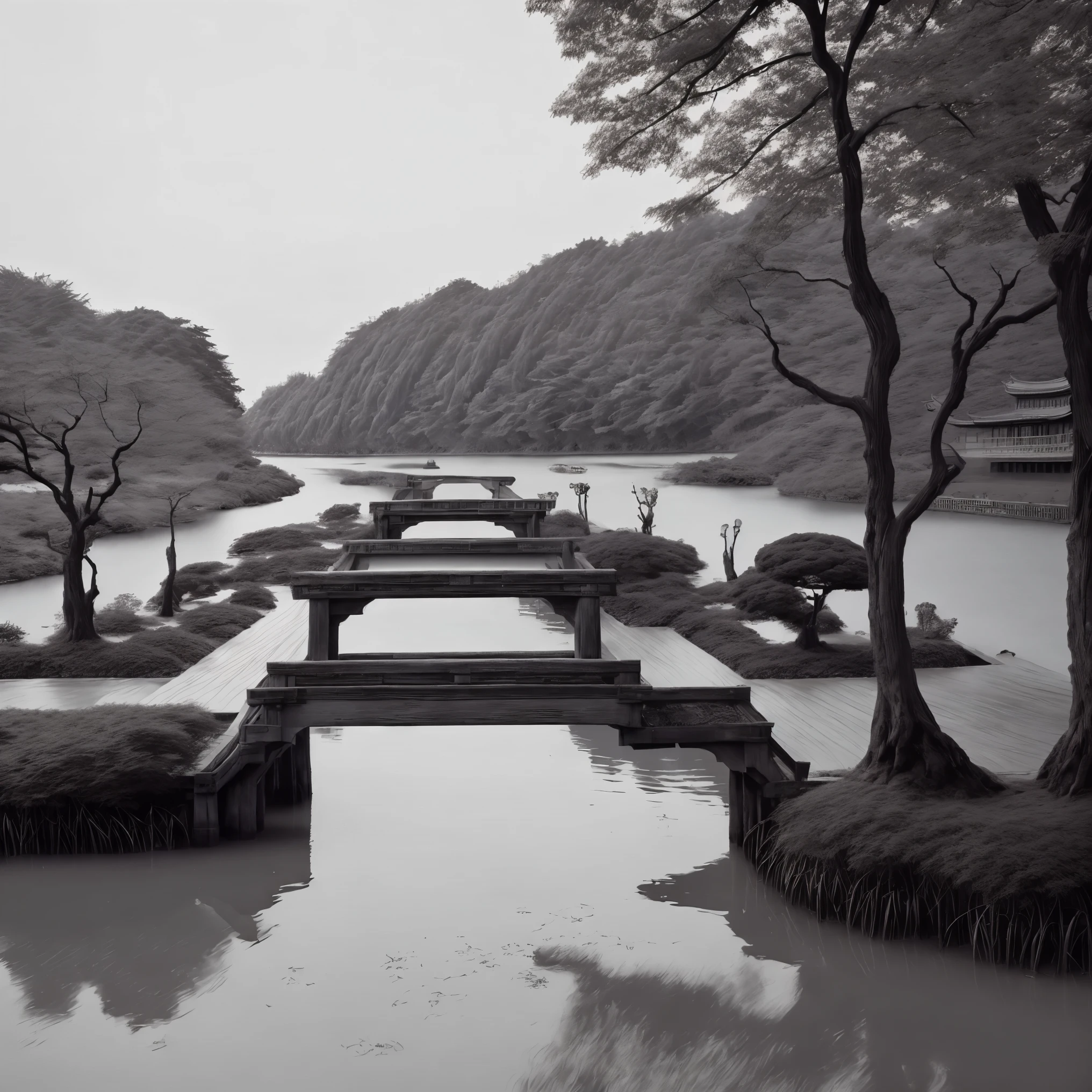 A Kind of pictorial zen style,Ink painting,Great view of West
Lake,Small bridge and flowing water。8K，Black and White，Leica camera