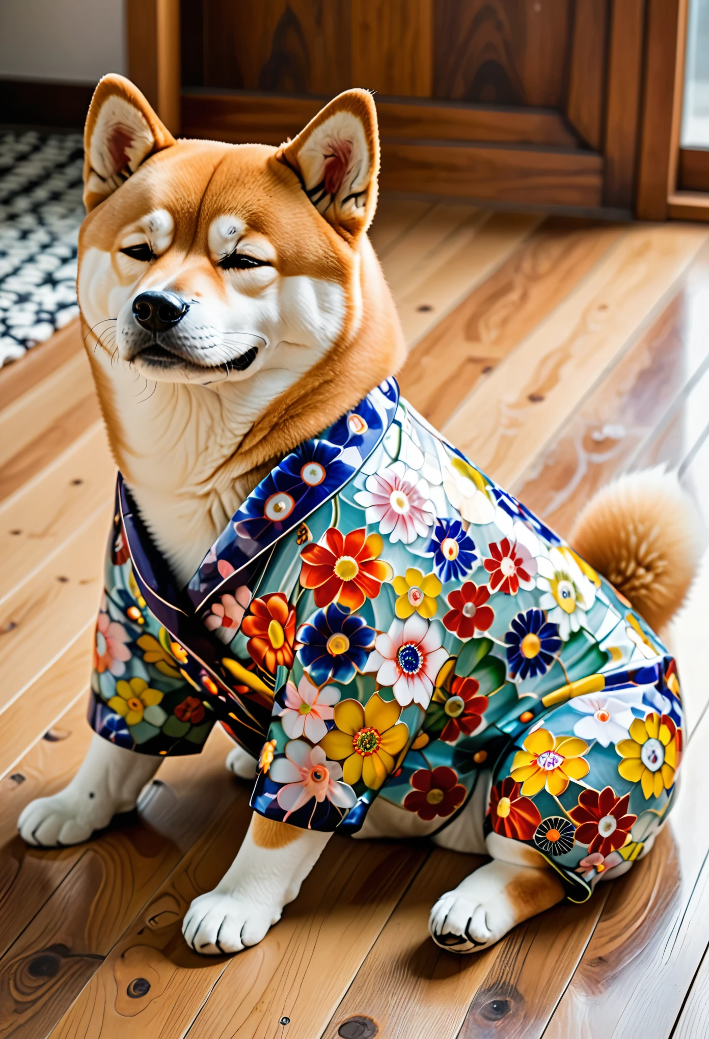 Millefiori glass style,A cute Japanese Shiba Inu sleeping on the floor, wearing pajamas and smiling with closed eyes. The photo was taken from an angle that highlights its round head shape. It is in full body, showcasing its fluffy fur and small black nose. The background features light wooden flooring and walls, adding to the cozy atmosphere of home. The style of the artwork is reminiscent of a Japanese artist.