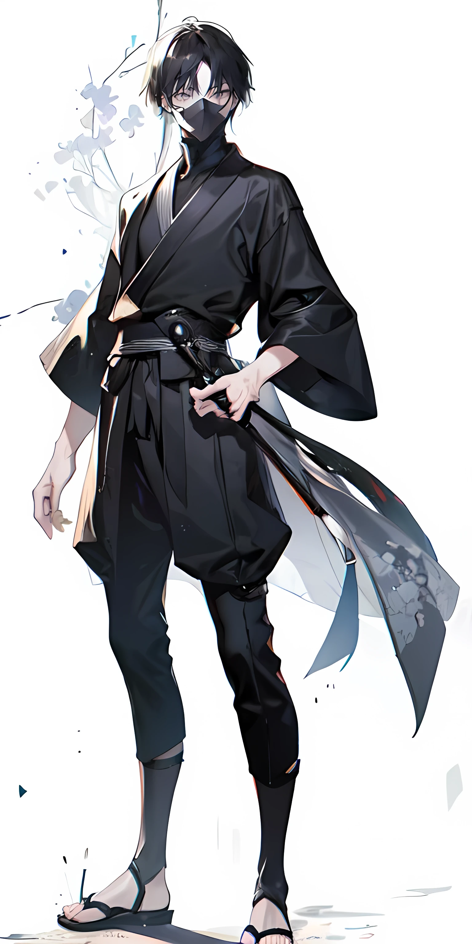 high resolution、high quality、Black short hair、Long legs、Slender、tall、Grey Eyes、Ninja black mask、Black kimono、gloves、Sandals、cool、Assassin