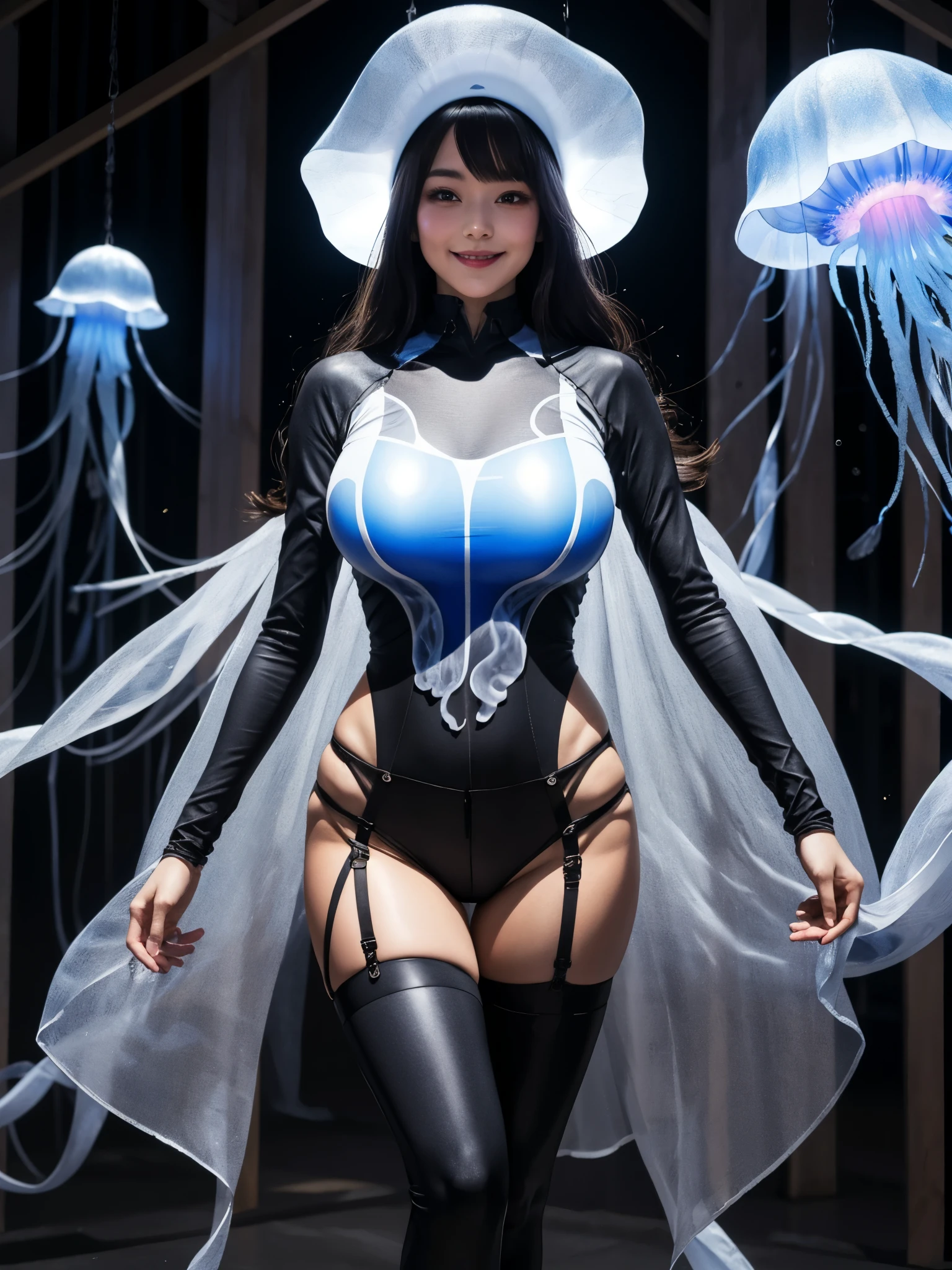 girl wearing very big jellyfish hat, BREAK, 1girl, very big jellyfish hat, detailed face, very tight black bodysuit, looking at viewer, very very long curly hair, thigh, thigh high, ambience lighting, walking slowly, blue silver blouse, bangs, light smile, masterpiece, best quality, BREAK, corridor of stained glass, (huge breast), 