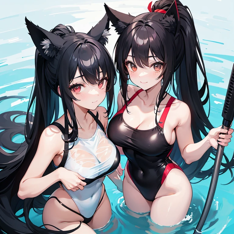 Two Young Adult woman, Long black hair, high ponytail, Fox ears, Foxtail, The left eye is blue, Red right eye, , swim suit, in shower, ssmile, Masterpiece, hiquality